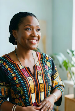 African woman smiling, cultural diversity and authentic representation, happy black female in traditional dashiki dress