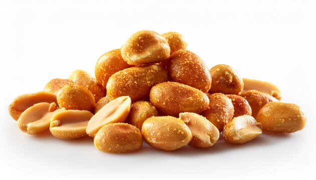 a small pile of golden brown roasted peanuts on a white background