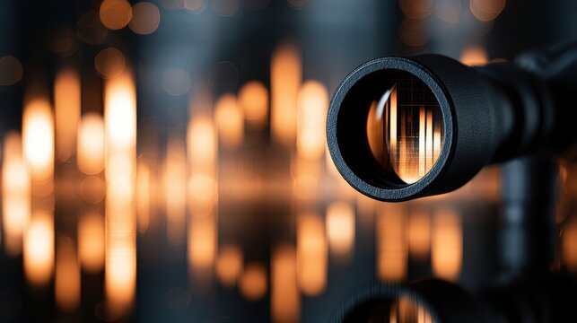Close up view of a telescopic lens capturing blurry golden bokeh city lights in the dark night