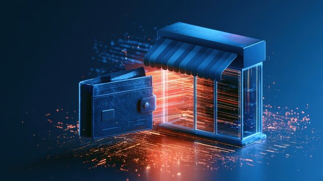 One click checkout concept. Digital illustration of a wallet connected to a small storefront, symbolizing online sh...