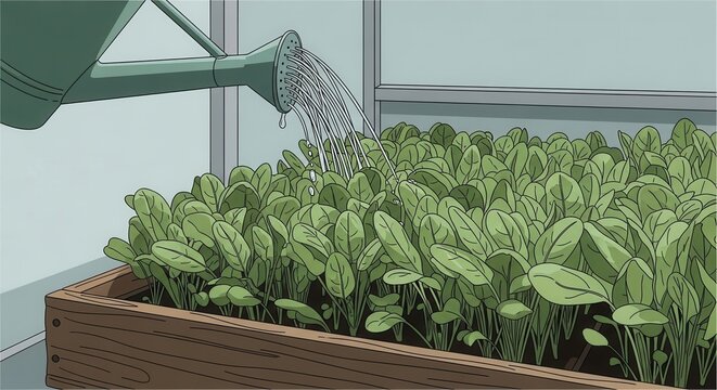 Watering Fresh Green Sprouts In A Wooden Planter Box