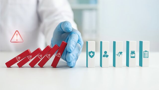 Medical professional in blue glove stopping red warning dominoes hitting healthcare blocks