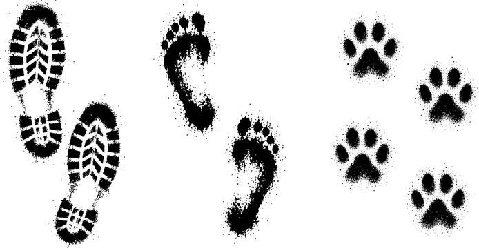 This set of element footsteps graphics features an abstract grunge design style that illustrates various distinct tracks including human shoe prints bare feet and animal paw prints for creative use