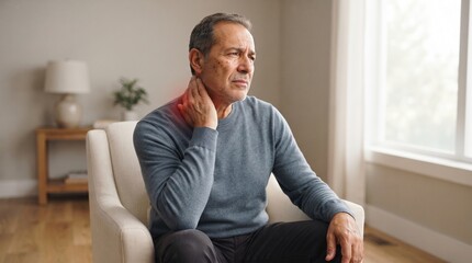 Fototapeta premium Man holding neck in pain seated in armchair with soft indoor lighting