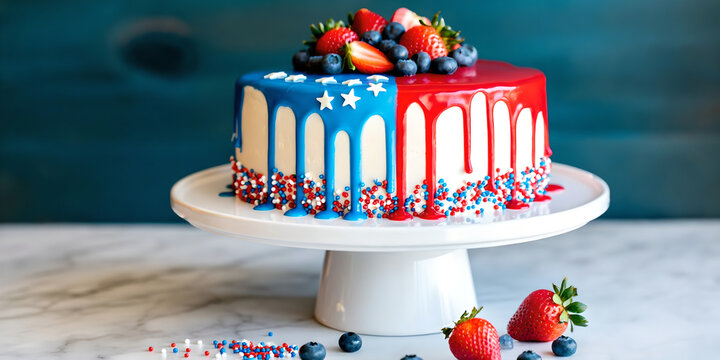 A decorated cake with red white and blue frosting sits on a pedestal dessert berries strawberries blueberries patriotic celebration holiday fourthofjuly julyfourth americana confectionery