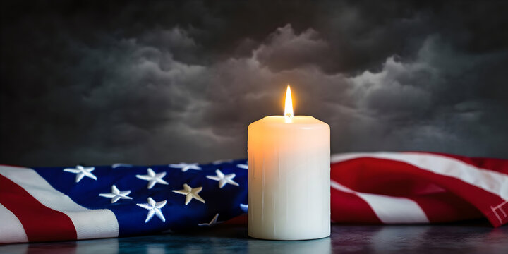 A lit white candle rests beside a draped american flag against a dramatic cloudy sky wax flame memorial remembrance patriotic america starsandstripes solemn mourning