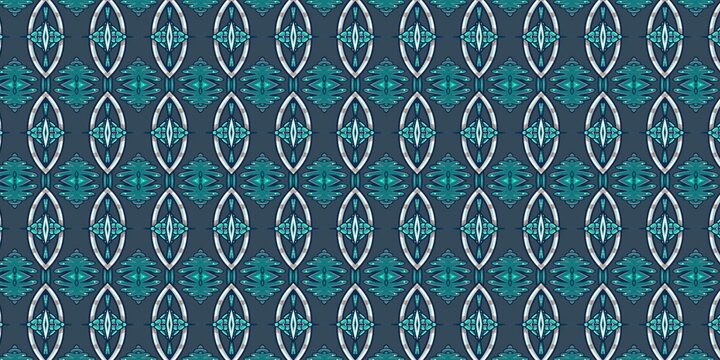 A sophisticated geometric pattern showcasing repeating dark blue, teal, and silver vertical panels with intricate oval motifs.