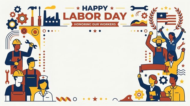 Happy Labor Day Greeting Card Frame with Workers and Copy Space