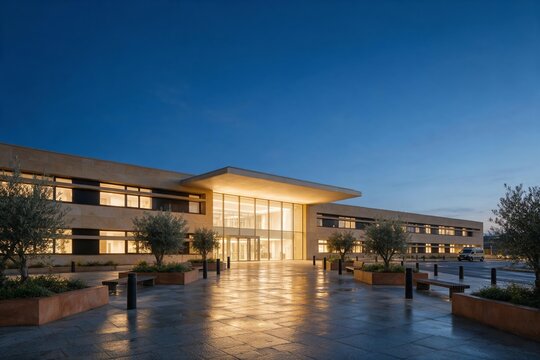 Research and innovation campus with illuminated laboratory buildings at blue hour