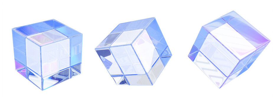 3d glass cubes set with holographic gradient in different angles. Crystal blocks with prismatic light refraction. Iridescent transparent square boxes, isolated graphic design elements
