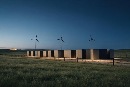 Battery energy storage units beside wind turbines glowing softly at blue hour
