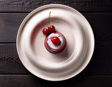 a white plate with a dessert and cherry on a dark wooden table