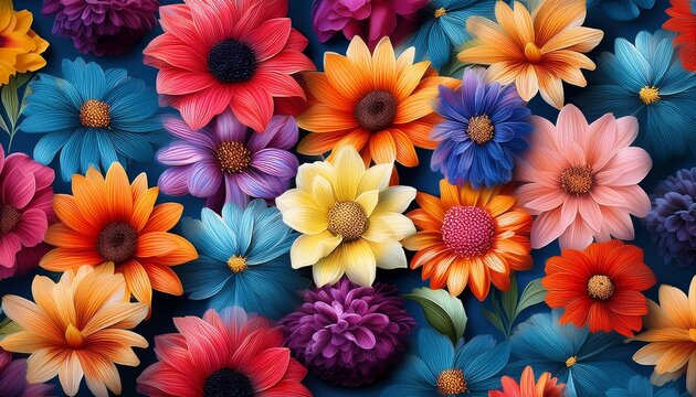 a vibrant floral pattern featuring multicolored flowers on a dark blue background