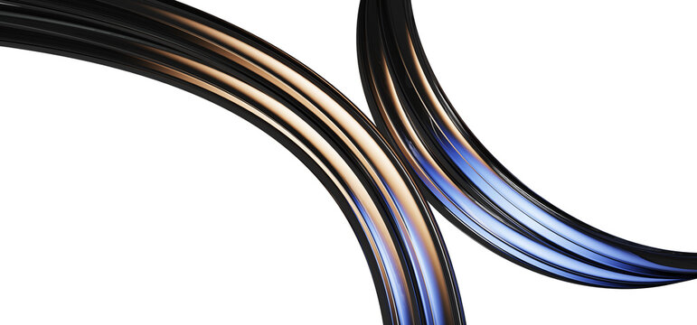 Abstract dark 3d background with liquid glass curve ribbons in gold blue neon gradient render. Elegant fluid lines, holographic translucent waves, futuristic tech and luxury design