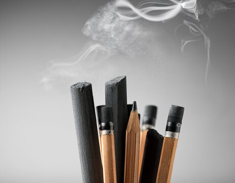 charcoal sticks and pencil with smoke and dust on a light gray background