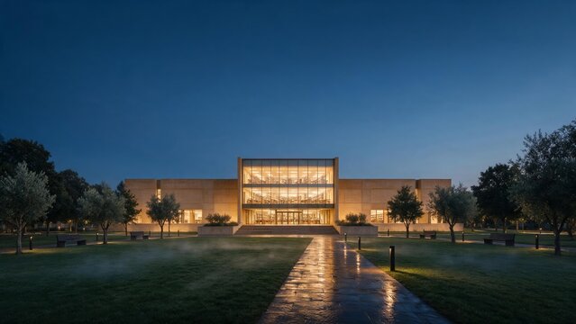 Modern hospital building with a warmly lit entrance hall in the evening