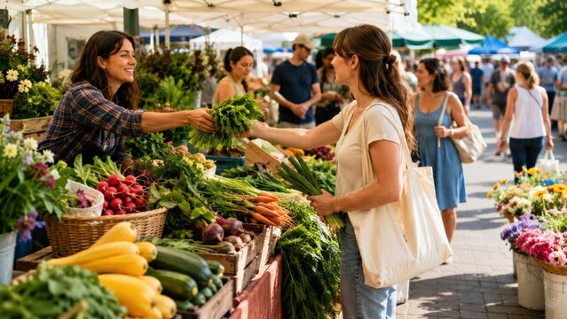 Vibrant Farmers Market Scene with Fresh Produce, Local Flowers, and Engaged Shoppers Embracing a Community Spirit of Sustainability and Healthy Eating