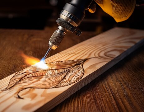 wood burning art design with glowing tool on pine plank during creation with shallow depth of field