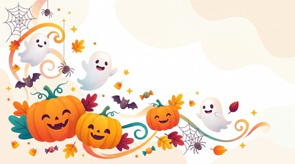 Fototapeta premium Cute halloween illustration with smiling pumpkin, two happy ghosts, spiderweb, spider, bats, candy, and autumn leaves, with decorative swirls and sparkles