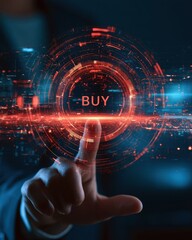 Obraz premium One click checkout concept. Futuristic digital interface with a finger pressing a 