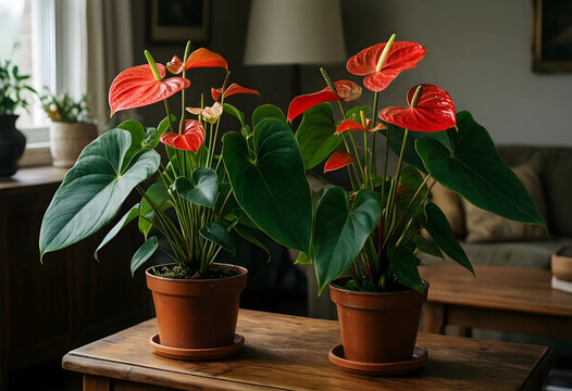 Indoor plant decor and home gardening, two anthurium plants with red flowers on a wooden table in a cozy living room