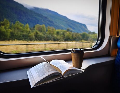 book and coffee by train window with a view