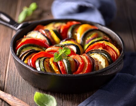 fresh vegetable ratatouille in a cast iron baking dish