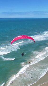 Parasail In Fortaleza Ceara Brazil. Thrilling Adventure With Speedboat Paragliding In Turquoise Ocean. Tropical Skyline. Seaside Beach. Fortaleza Ceara.