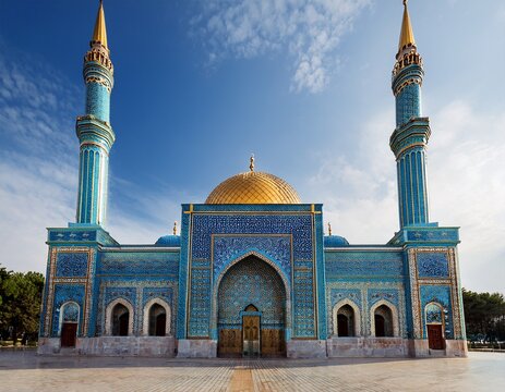 a large mosque with a gold dome and blue tilework featuring two minarets