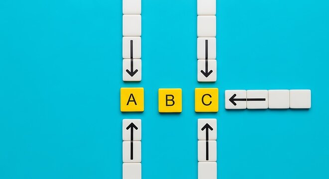 ABC alphabet blocks on blue background, yellow letter tiles with directional arrows, educational concept for learning and strategy