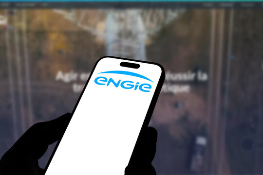 Kiel, Germany - 08-19-2026: Smartphone displaying French energy company ENGIE logo in front of companys webpage