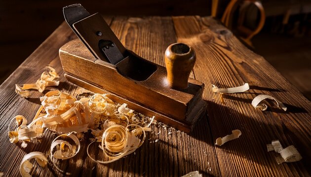 wood shavings scattered around a vintage hand plane on a rustic wooden surface with warm natural light