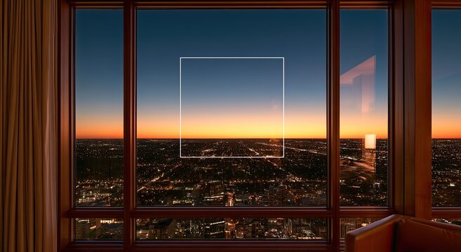 Panoramic city view through a large window at dusk, framed by warm wood