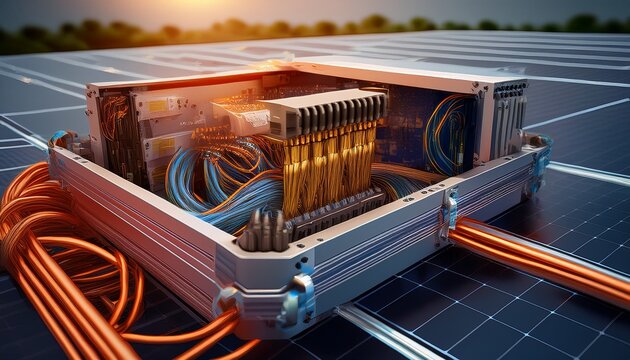 solar panel wiring junction box with electrical cables and copper busbar