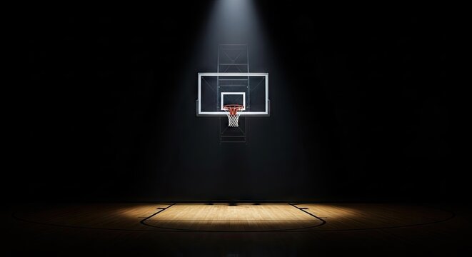 Highlighted court floor under basketball rim.