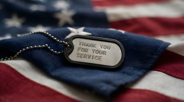 American dog tag resting on a blurred united states flag background representing military service