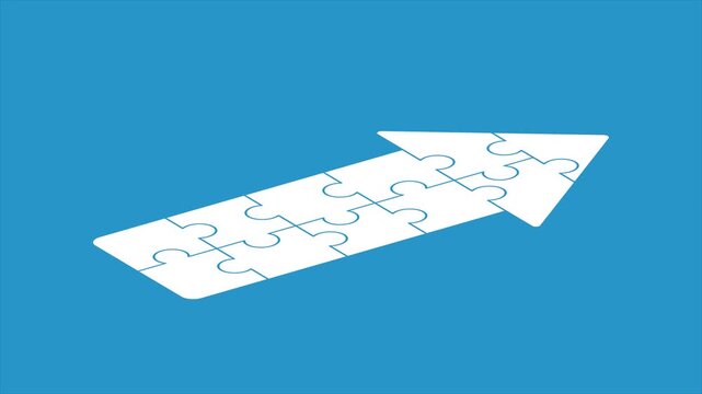 A missing puzzle piece completes a white arrow, allowing it to move forward. Concept of progress, teamwork, solution and success.
