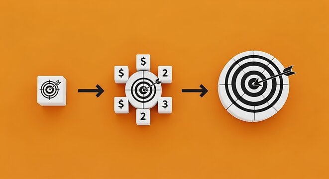 Financial target growth concept, business goal progression with dollar icons and bullseye, marketing strategy development on orange background
