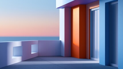 Fototapeta premium Modern seaside terrace with vibrant walls, geometric design and soft sunset hues casting long shadows