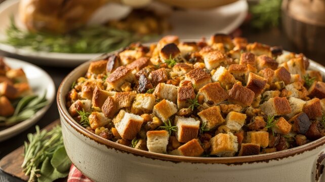Thanksgiving Gourmet bread stuffing in ceramic bowl with fresh herbs and vegetables for traditional thanksgiving dinner side dish USA