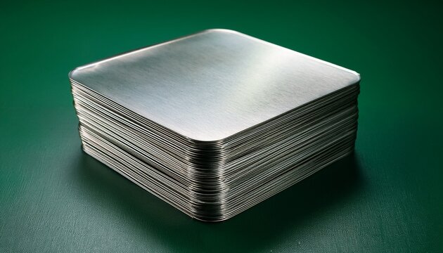 stack of blank metallic plates on dark green background