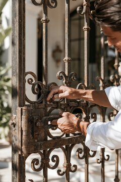 Closeup of a man's hands adjusting a wrought iron latch on a decorative entry gate of a Spanish Revival villa in warm midday light