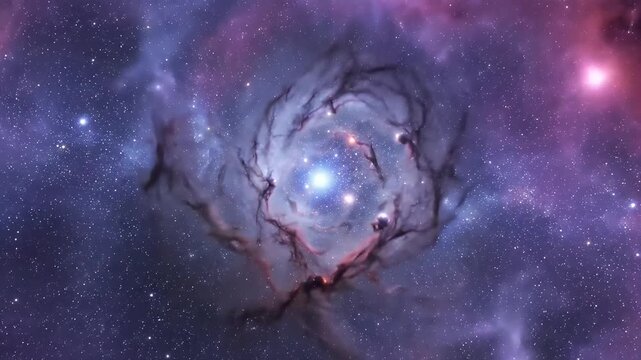 Vibrant Circular Nebula Emitting Pink Filaments Surrounding a Luminous Blue Core