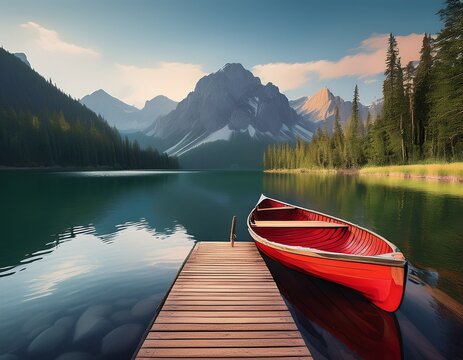 peaceful mountain lake scene with a red rowboat and wooden pier