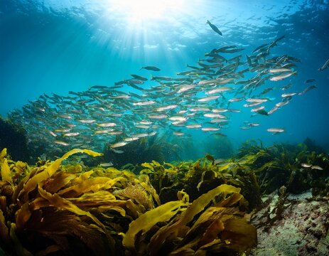 school of fish in kelp forest underwater