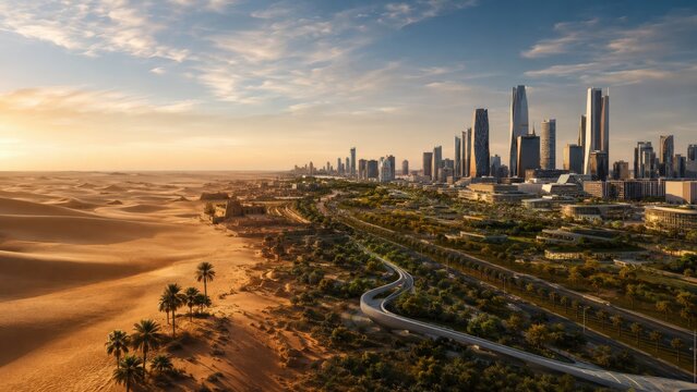 A Striking Contrast Between Modern Skyscrapers and Expansive Desert Landscape Showcasing the Harmony of Nature and Urban Development