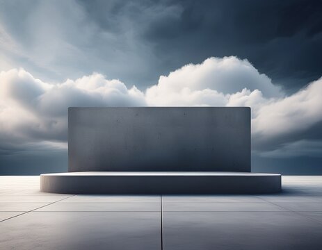 minimalist concrete platform in a surreal cloudy sky