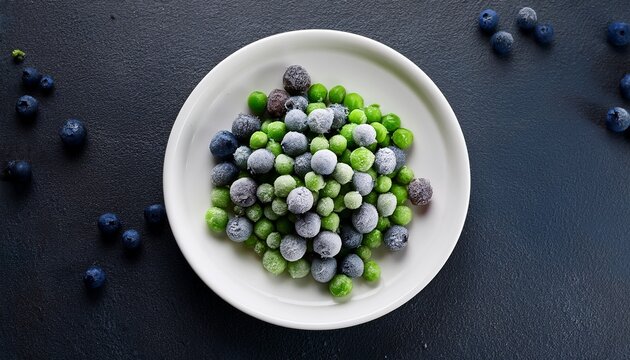 a white plate filled with frozen blueberries and peas on a dark surface