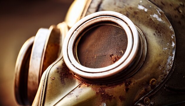 close up of a dusty and rusty gas mask