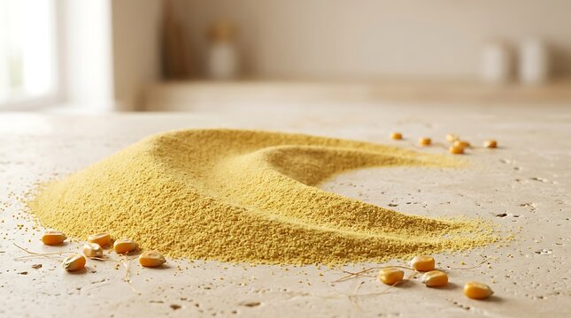 Pile of raw yellow cornmeal on a textured limestone surface for culinary background.